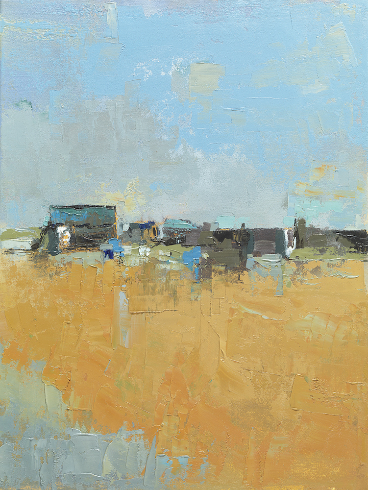 Elsa Taylor, ‘Fishing Huts II,’ oil on board, included in the Jerram Gallery’s group exhibition in Sherborne, Dorset. Image courtesy of Jerram Gallery.